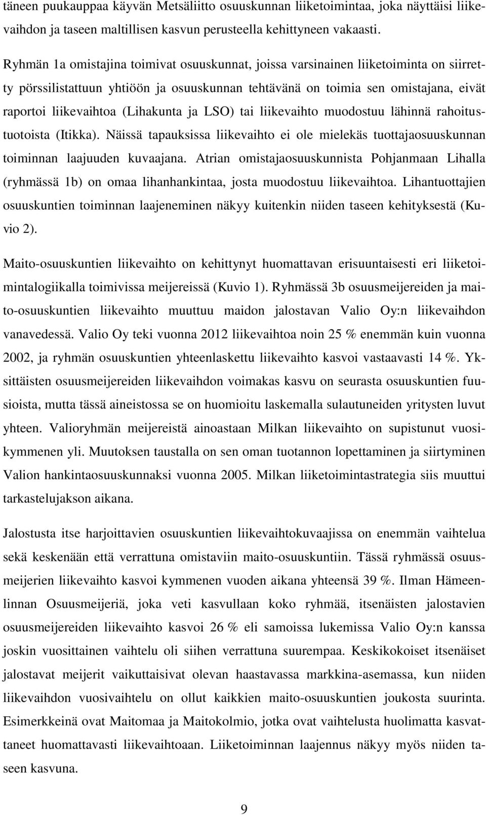 (Lihakunta ja LSO) tai liikevaihto muodostuu lähinnä rahoitustuotoista (Itikka). Näissä tapauksissa liikevaihto ei ole mielekäs tuottajaosuuskunnan toiminnan laajuuden kuvaajana.