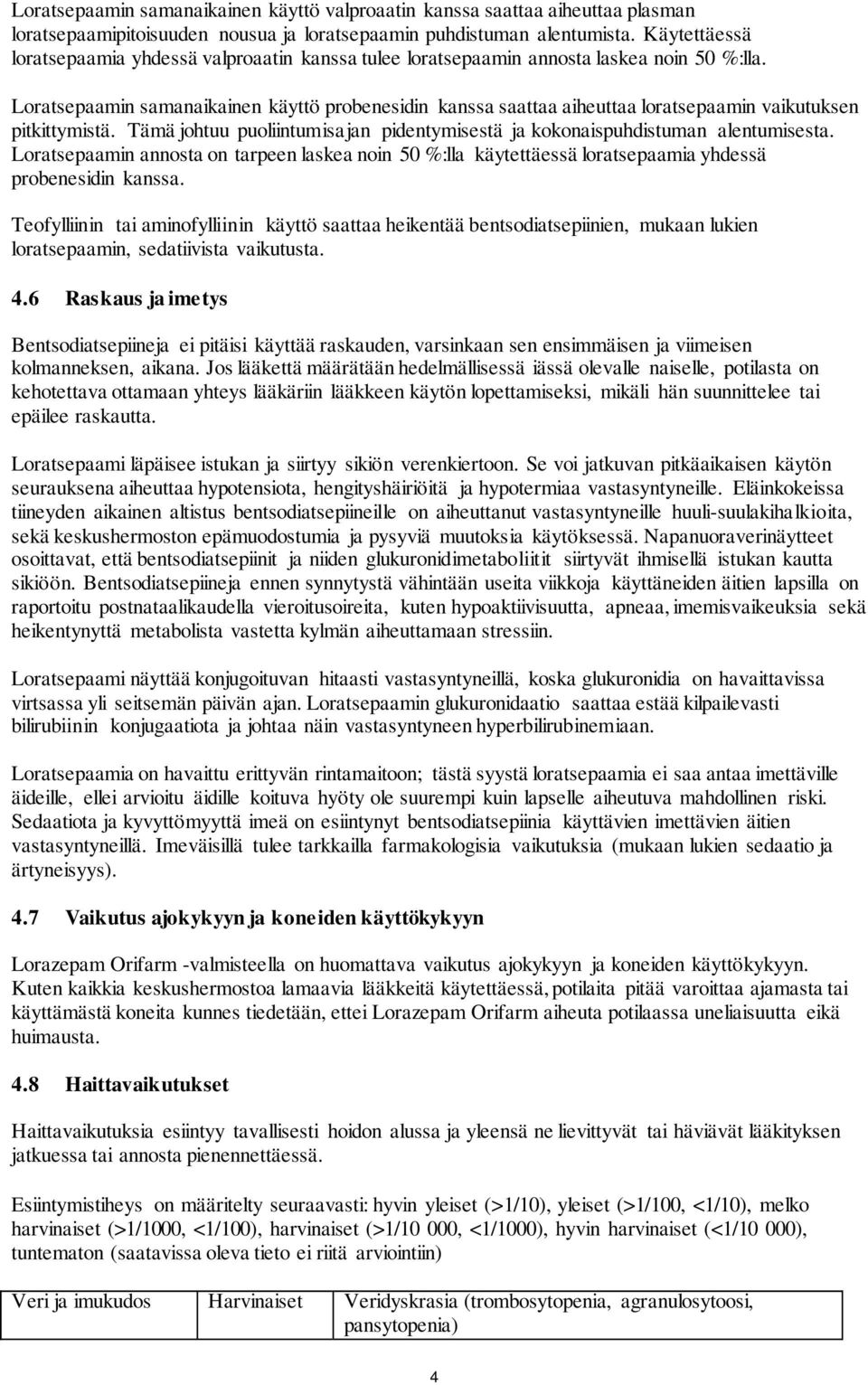 Loratsepaamin samanaikainen käyttö probenesidin kanssa saattaa aiheuttaa loratsepaamin vaikutuksen pitkittymistä. Tämä johtuu puoliintumisajan pidentymisestä ja kokonaispuhdistuman alentumisesta.