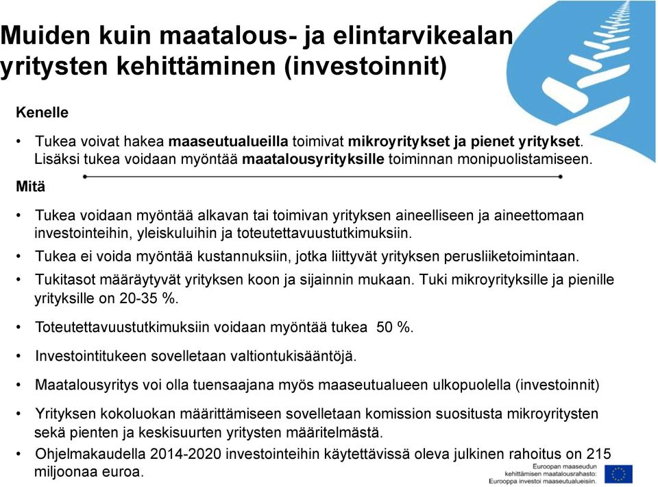 Mitä Tukea voidaan myöntää alkavan tai toimivan yrityksen aineelliseen ja aineettomaan investointeihin, yleiskuluihin ja toteutettavuustutkimuksiin.