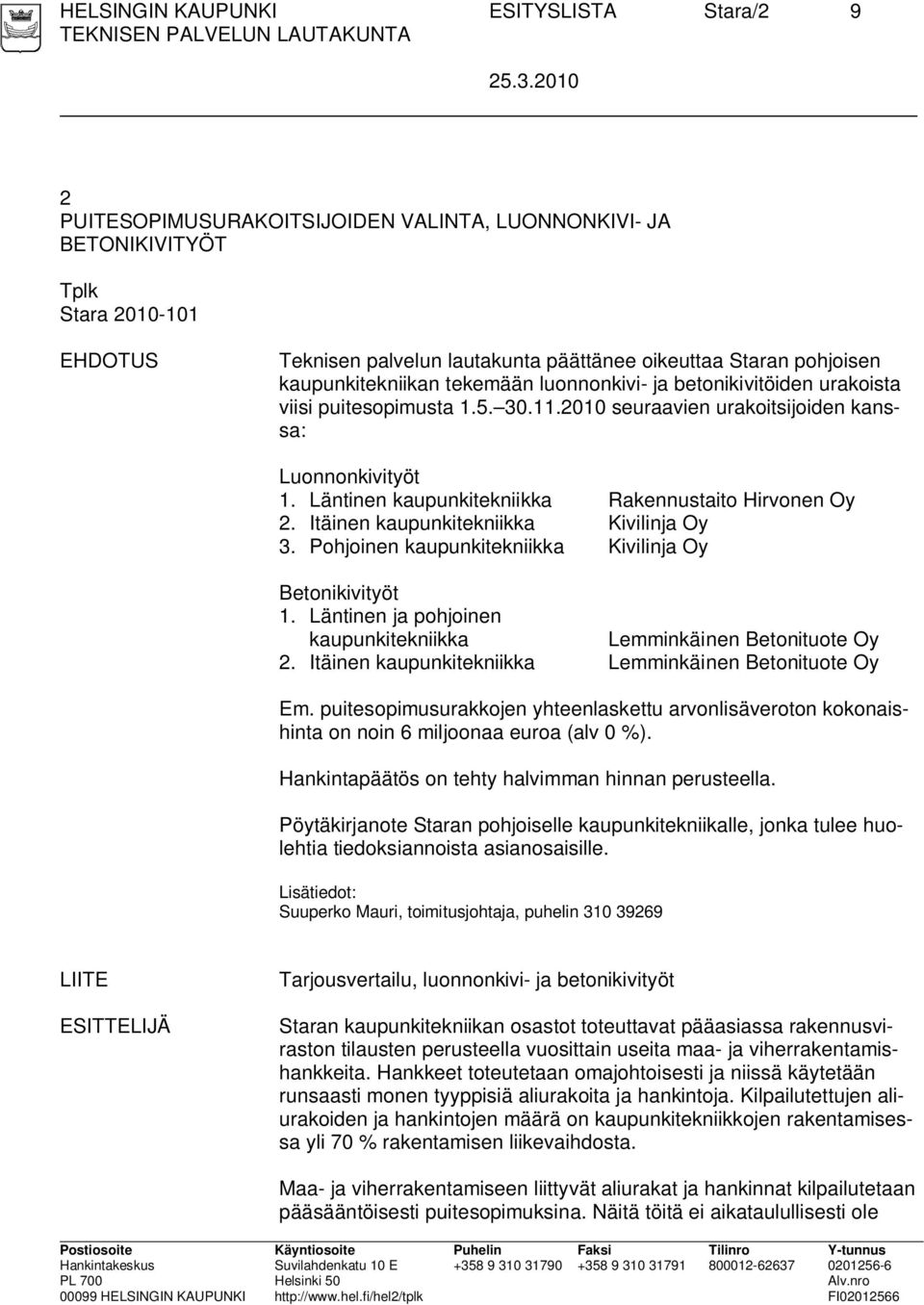 Läntinen kaupunkitekniikka Rakennustaito Hirvonen Oy 2. Itäinen kaupunkitekniikka Kivilinja Oy 3. Pohjoinen kaupunkitekniikka Kivilinja Oy Betonikivityöt 1.