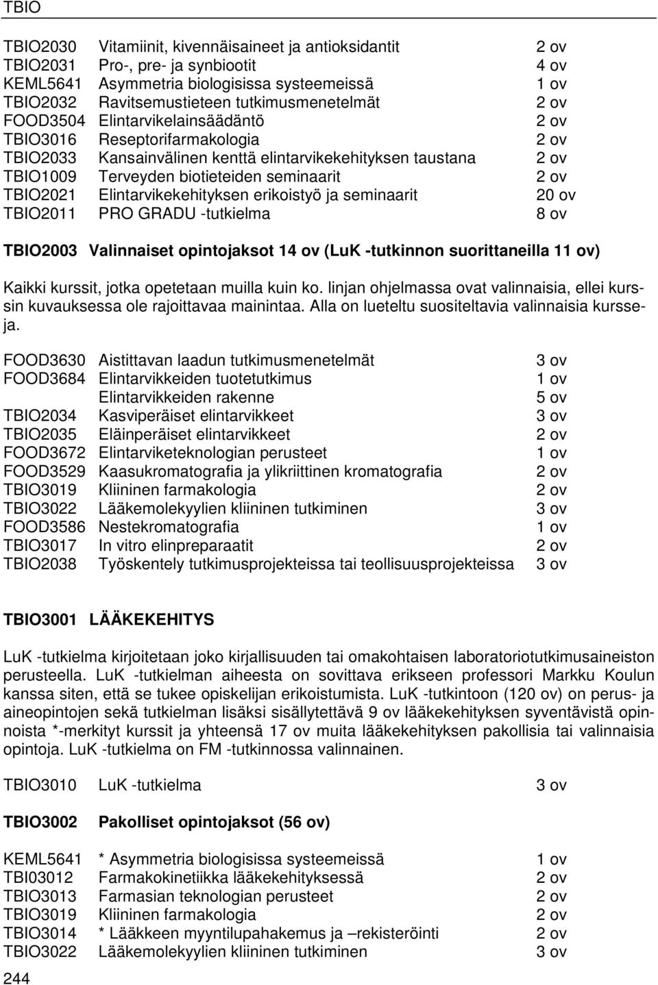 TBIO2021 Elintarvikekehityksen erikoistyö ja seminaarit 20 ov TBIO2011 PRO GRADU -tutkielma 8 ov TBIO2003 Valinnaiset opintojaksot 14 ov (LuK -tutkinnon suorittaneilla 11 ov) Kaikki kurssit, jotka