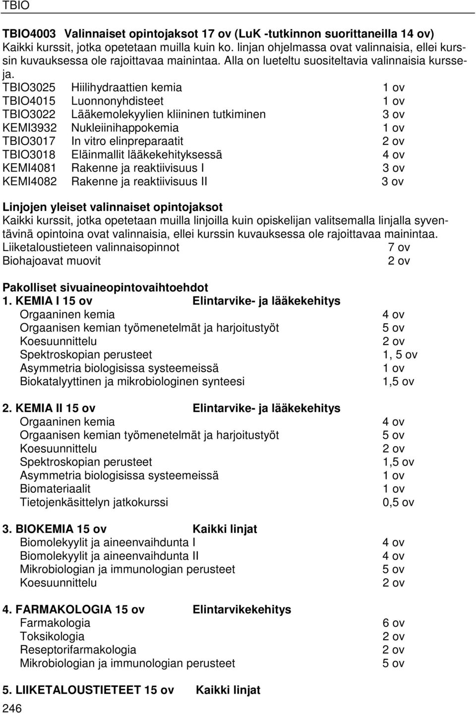 TBIO3025 Hiilihydraattien kemia 1 ov TBIO4015 Luonnonyhdisteet 1 ov TBIO3022 Lääkemolekyylien kliininen tutkiminen 3 ov KEMI3932 Nukleiinihappokemia 1 ov TBIO3017 In vitro elinpreparaatit 2 ov