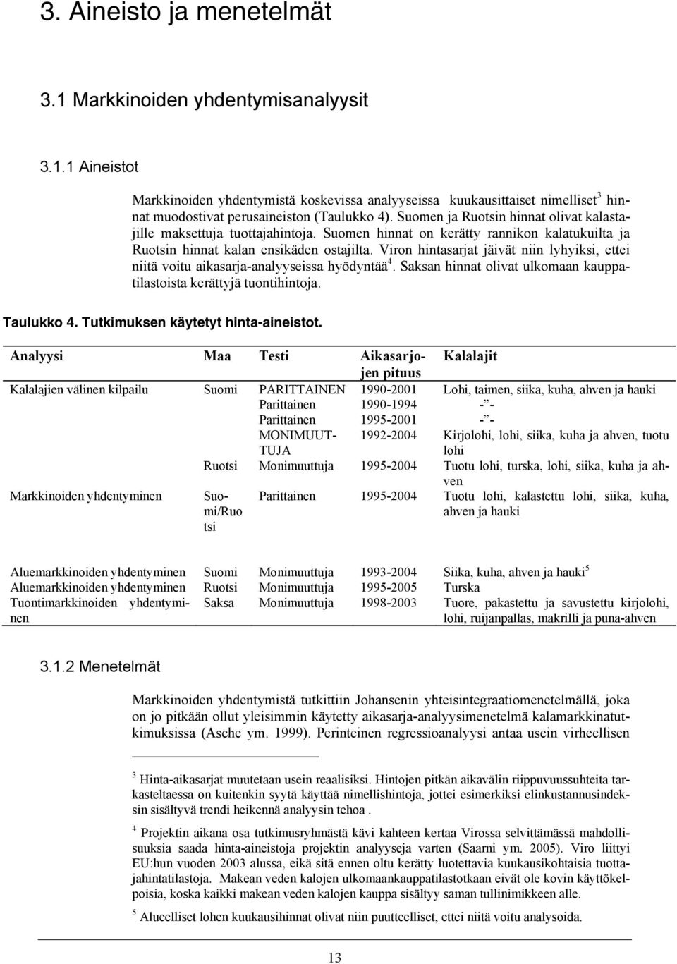 Viron hintasarjat jäivät niin lyhyiksi, ettei niitä voitu aikasarja-analyyseissa hyödyntää 4. Saksan hinnat olivat ulkomaan kauppatilastoista kerättyjä tuontihintoja. Taulukko 4.