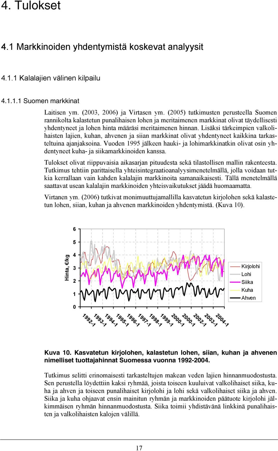 Lisäksi tärkeimpien valkolihaisten lajien, kuhan, ahvenen ja siian markkinat olivat yhdentyneet kaikkina tarkasteltuina ajanjaksoina.