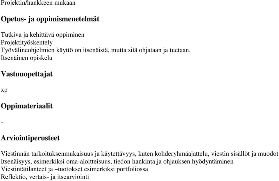 Itsenäinen opiskelu Vastuuopettajat xp Oppimateriaalit - Viestinnän tarkoituksenmukaisuus ja käytettävyys, kuten