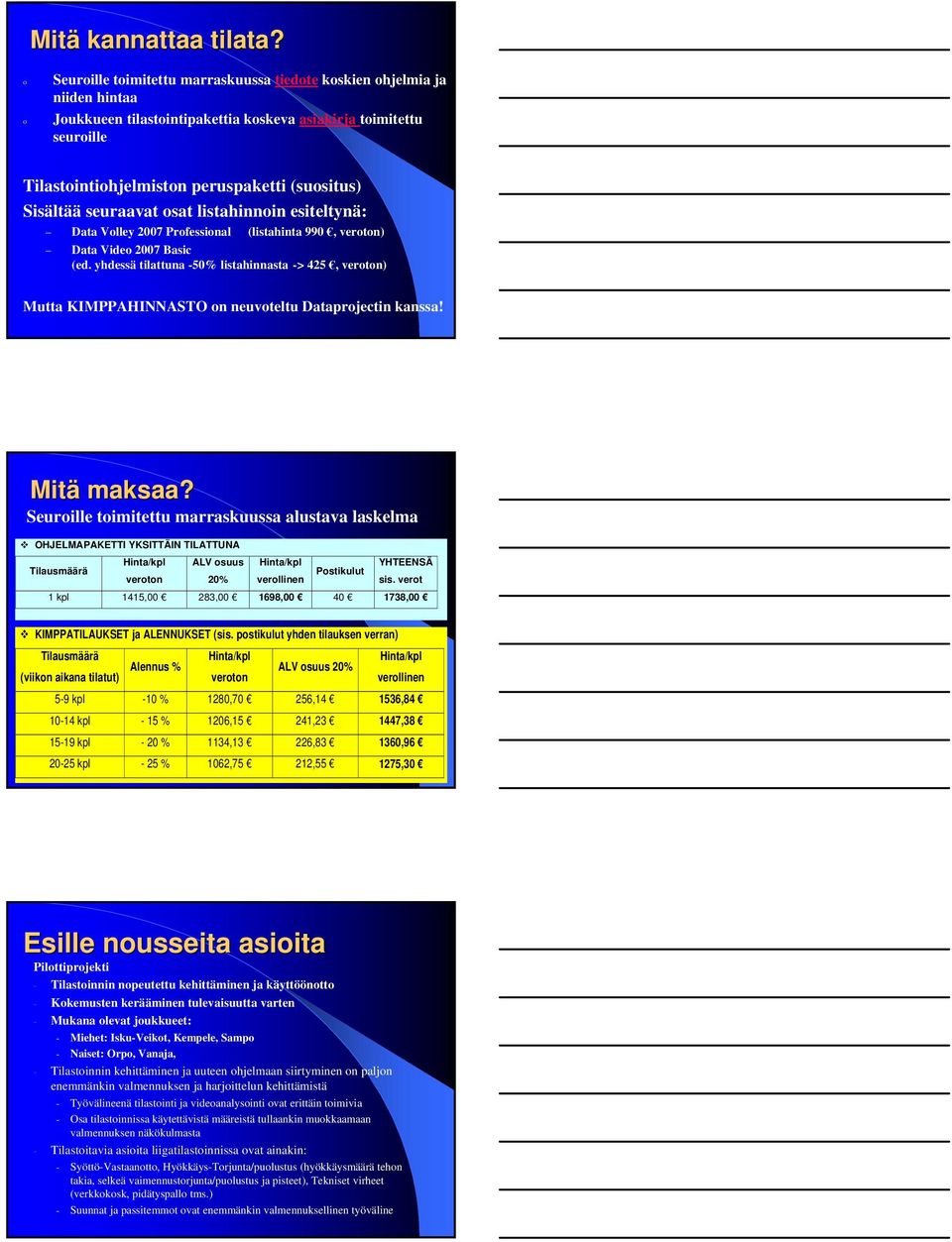 Sisältää seuraavat osat listahinnoin esiteltynä: Data Volley 2007 Professional (listahinta 990, veroton) Data Video 2007 Basic (ed.