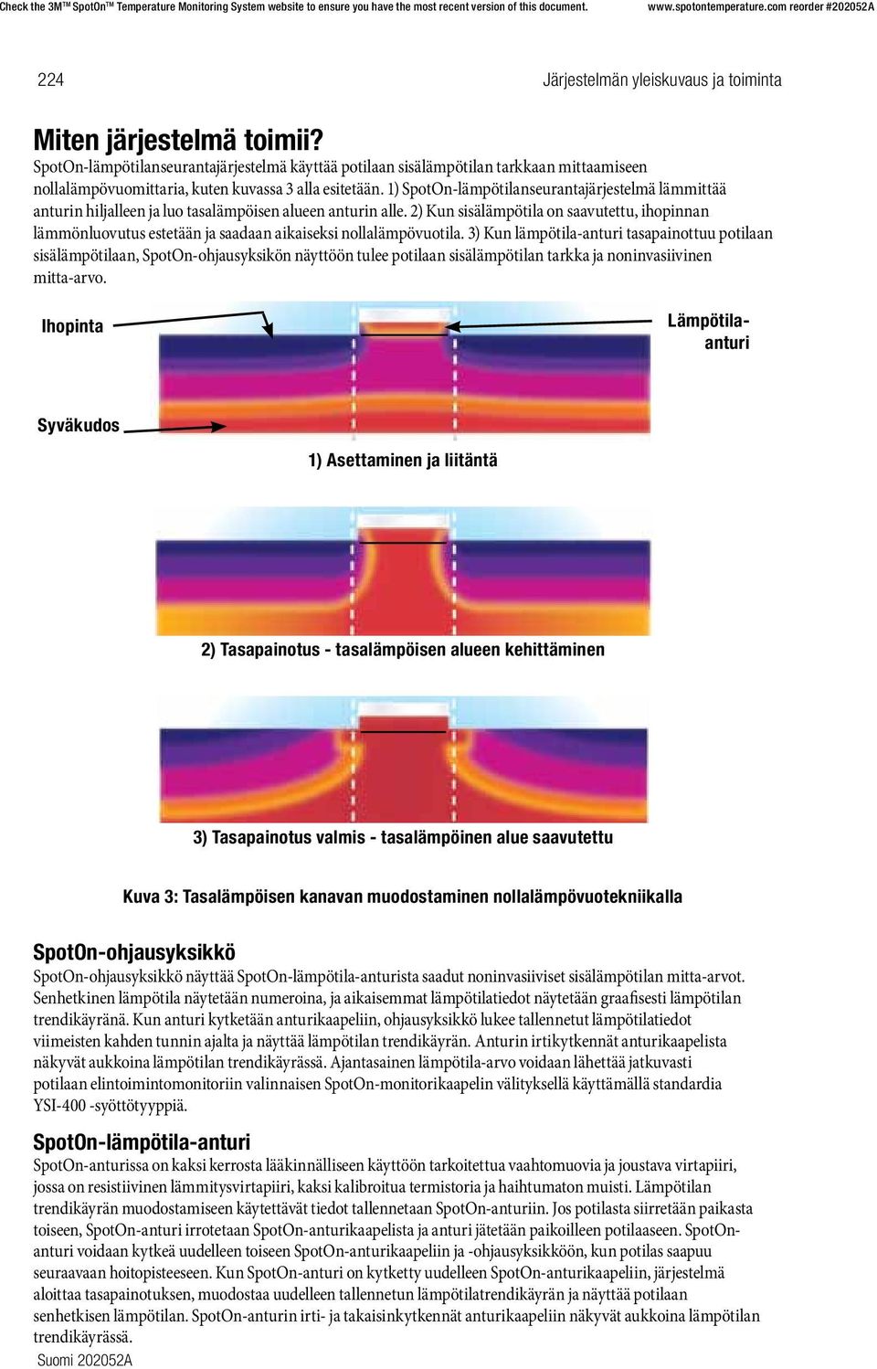 1) SpotOn-lämpötilanseurantajärjestelmä lämmittää anturin hiljalleen ja luo tasalämpöisen alueen anturin alle.