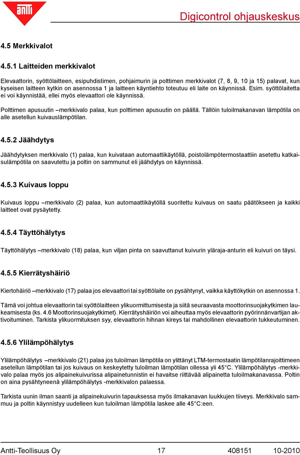 Polttimen apusuutin merkkivalo palaa, kun polttimen apusuutin on päällä. Tällöin tuloilmakanavan lämpötila on alle asetellun kuivauslämpötilan. 4.5.