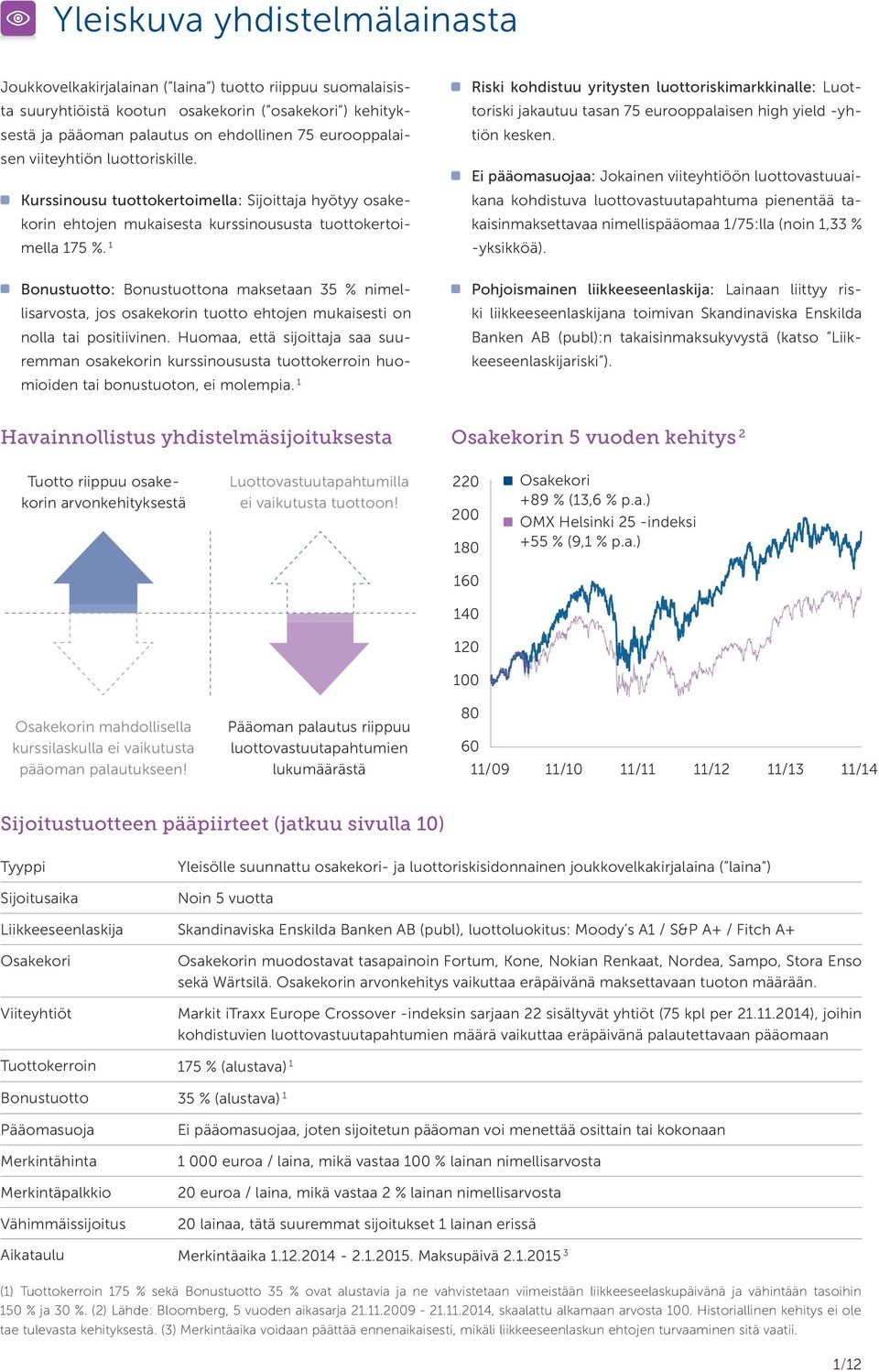 1 Bonustuotto: Bonustuottona maksetaan 35 % nimellisarvosta, jos osakekorin tuotto ehtojen mukaisesti on nolla tai positiivinen.