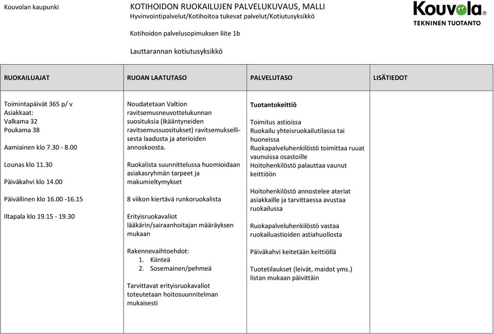 15 Iltapala klo 19.15-19.30 Noudatetaan Valtion ravitsemusneuvottelukunnan suosituksia (Ikääntyneiden ravitsemussuositukset) ravitsemuksellisesta laadusta ja aterioiden annoskoosta.