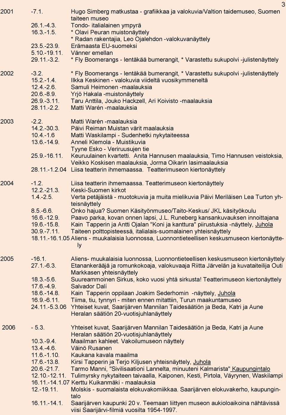 2. * Fly Boomerangs - lentäkää bumerangit, * Varastettu sukupolvi -julistenäyttely 15.2.-1.4. Ilkka Keskinen - valokuvia viideltä vuosikymmeneltä 12.4.-2.6. Samuli Heimonen -maalauksia 20.6.-8.9.