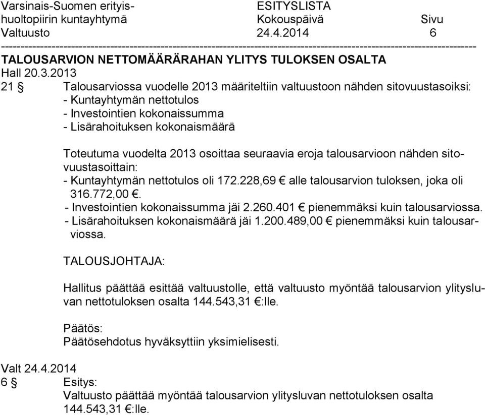 osoittaa seuraavia eroja talousarvioon nähden sitovuustasoittain: - Kuntayhtymän nettotulos oli 172.228,69 alle talousarvion tuloksen, joka oli 316.772,00. - Investointien kokonaissumma jäi 2.260.