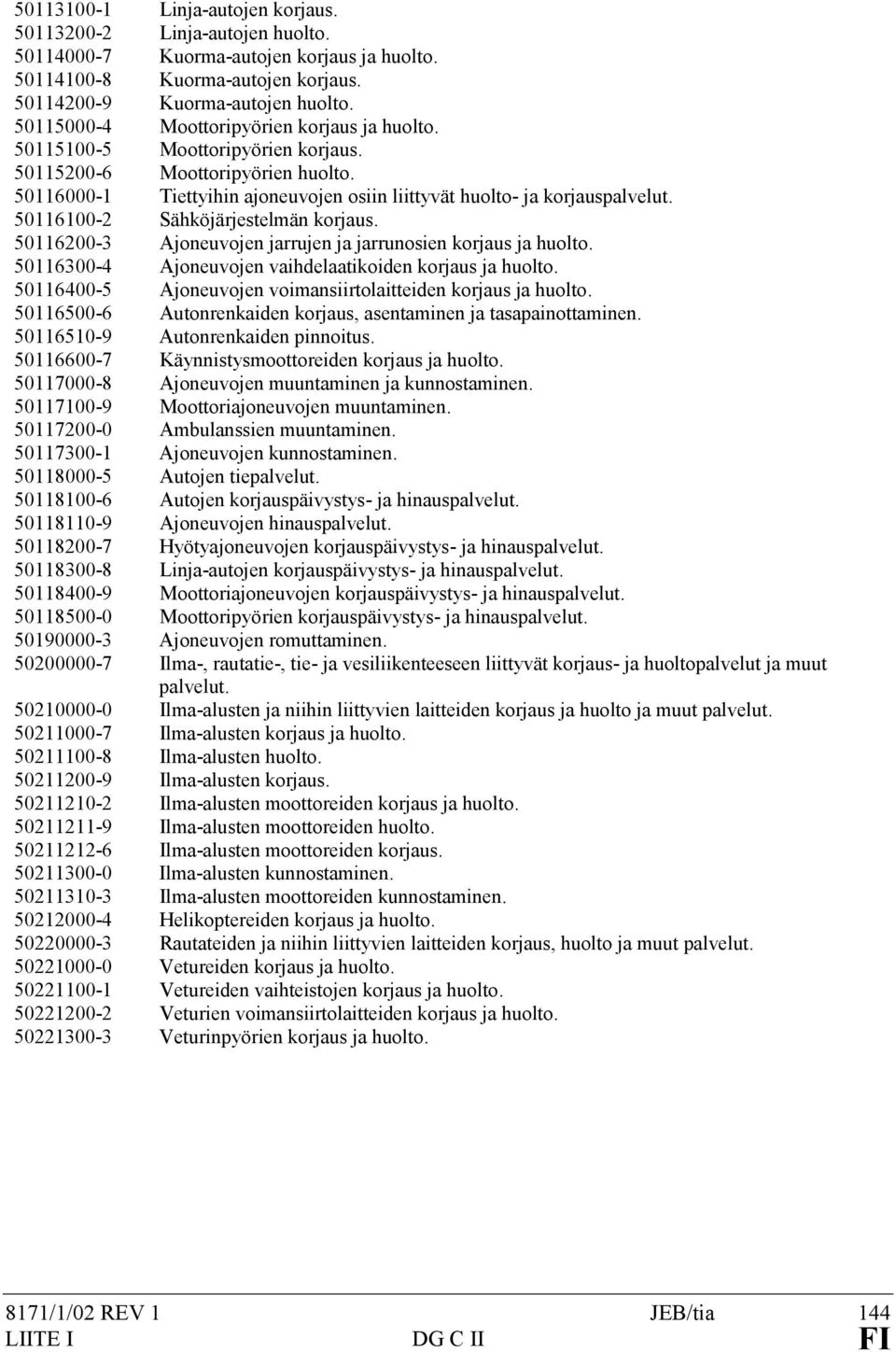 50116100-2 Sähköjärjestelmän korjaus. 50116200-3 Ajoneuvojen jarrujen ja jarrunosien korjaus ja huolto. 50116300-4 Ajoneuvojen vaihdelaatikoiden korjaus ja huolto.