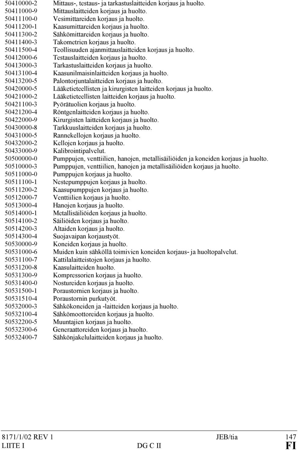 50412000-6 Testauslaitteiden korjaus ja huolto. 50413000-3 Tarkastuslaitteiden korjaus ja huolto. 50413100-4 Kaasunilmaisinlaitteiden korjaus ja huolto.