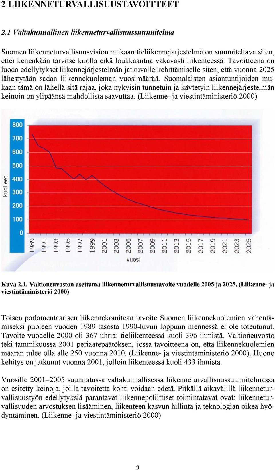 liikenteessä. Tavoitteena on luoda edellytykset liikennejärjestelmän jatkuvalle kehittämiselle siten, että vuonna 2025 lähestytään sadan liikennekuoleman vuosimäärää.