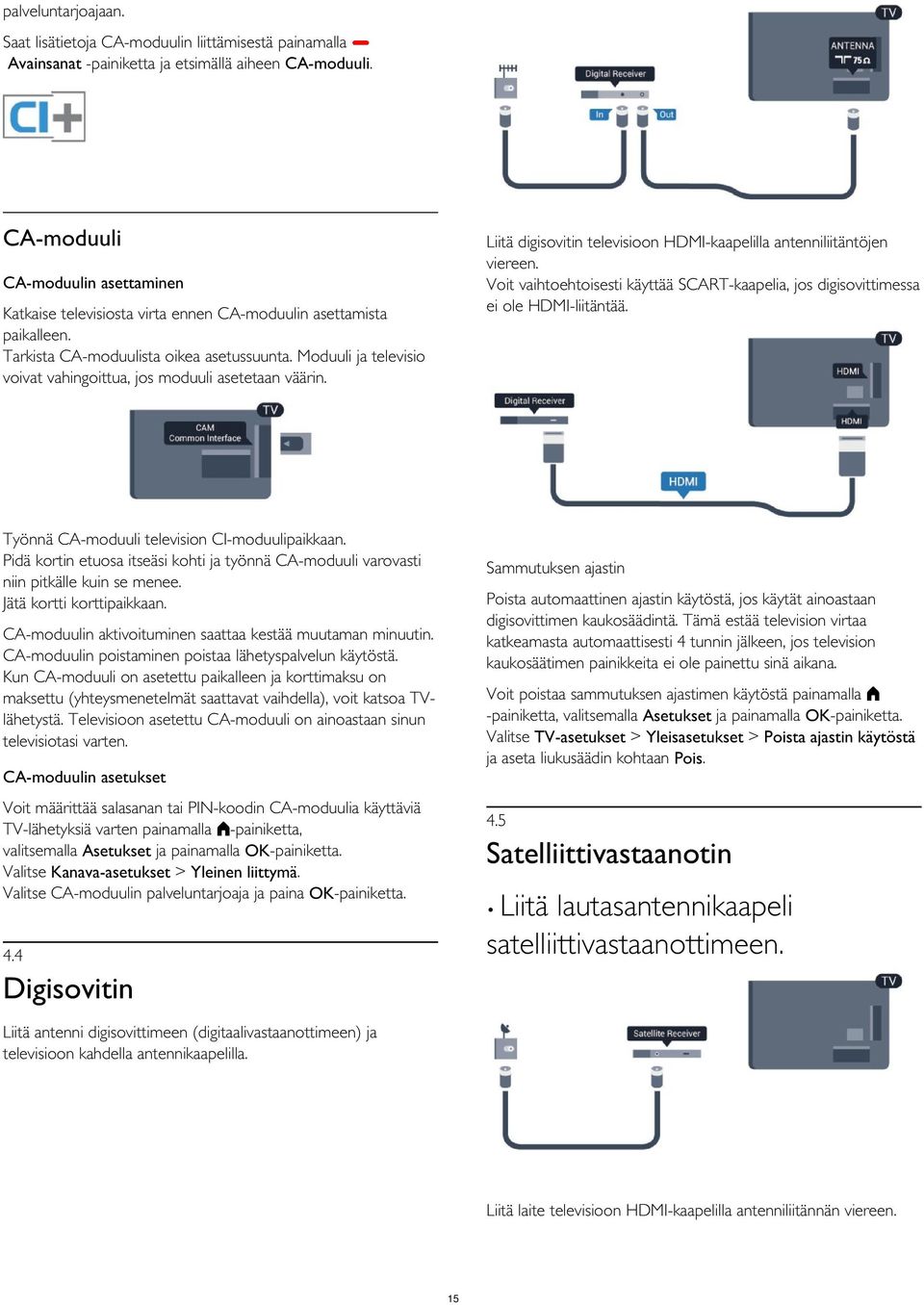 CA-moduulin asettaminen Katkaise televisiosta virta ennen CA-moduulin asettamista paikalleen. Tarkista CA-moduulista oikea asetussuunta.