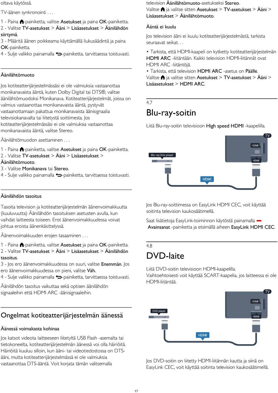 Ääntä ei kuulu Jos television ääni ei kuulu kotiteatterijärjestelmästä, tarkista seuraavat seikat... Tarkista, että HDMI-kaapeli on kytketty kotiteatterijärjestelmän HDMI ARC -liitäntään.