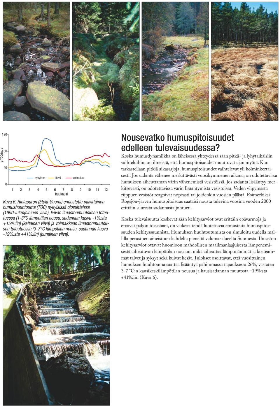 -1%:sta +15%:iin) (keltainen viiva) ja voimakkaan ilmastonmuutoksen toteutuessa (3-7 C lämpötilan nousu, sadannan kasvu -19%:sta +41%:iin) (punainen viiva).