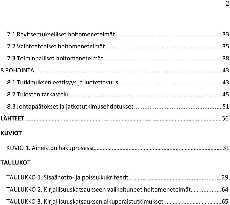 3 Johtopäätökset ja jatkotutkimusehdotukset... 51 LÄHTEET.56 KUVIOT KUVIO 1. Aineiston hakuprosessi.31 TAULUKOT TAULUKKO 1.