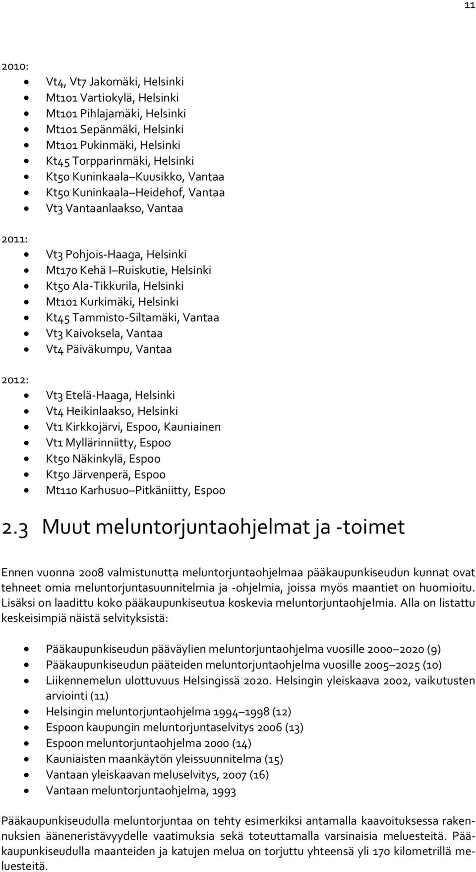 Helsinki Kt45 Tammisto-Siltamäki, Vantaa Vt3 Kaivoksela, Vantaa Vt4 Päiväkumpu, Vantaa Vt3 Etelä-Haaga, Helsinki Vt4 Heikinlaakso, Helsinki Vt1 Kirkkojärvi, Espoo, Kauniainen Vt1 Myllärinniitty,
