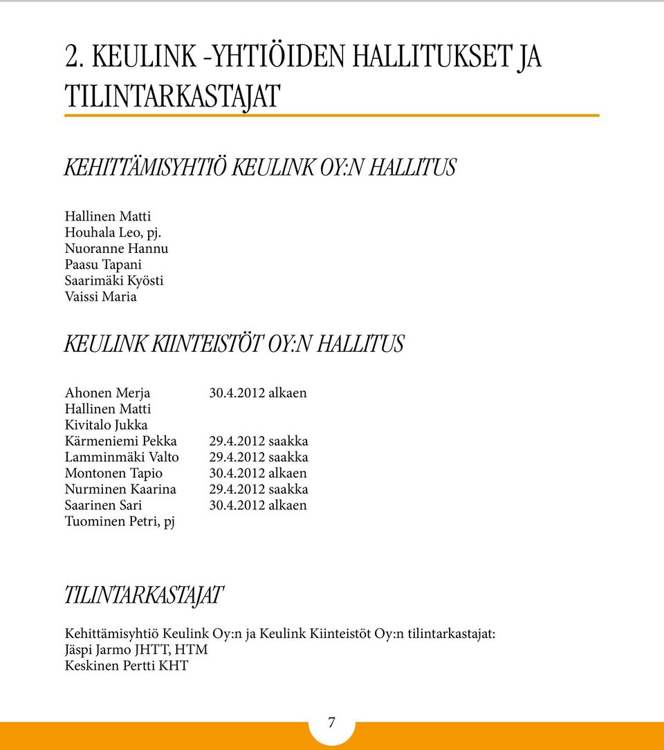 Pekka Lamminmäki Valto Montonen Tapio Nurminen Kaarina Saarinen Sari Tuominen Petri, pj 30.4.