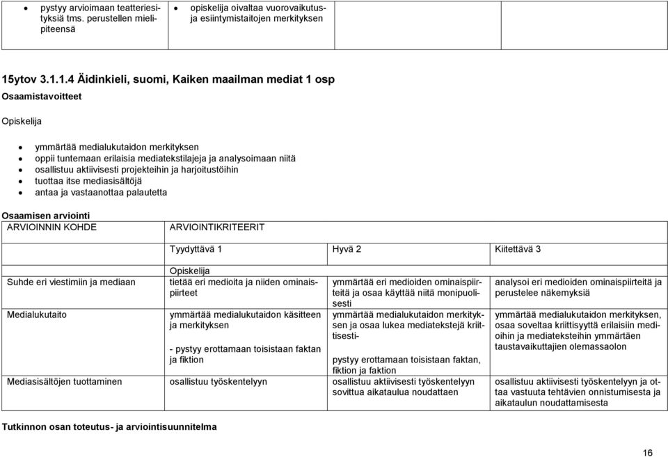 1.4 Äidinkieli, suomi, Kaiken maailman mediat 1 osp Osaamistavoitteet ymmärtää medialukutaidon merkityksen oppii tuntemaan erilaisia mediatekstilajeja ja analysoimaan niitä osallistuu aktiivisesti