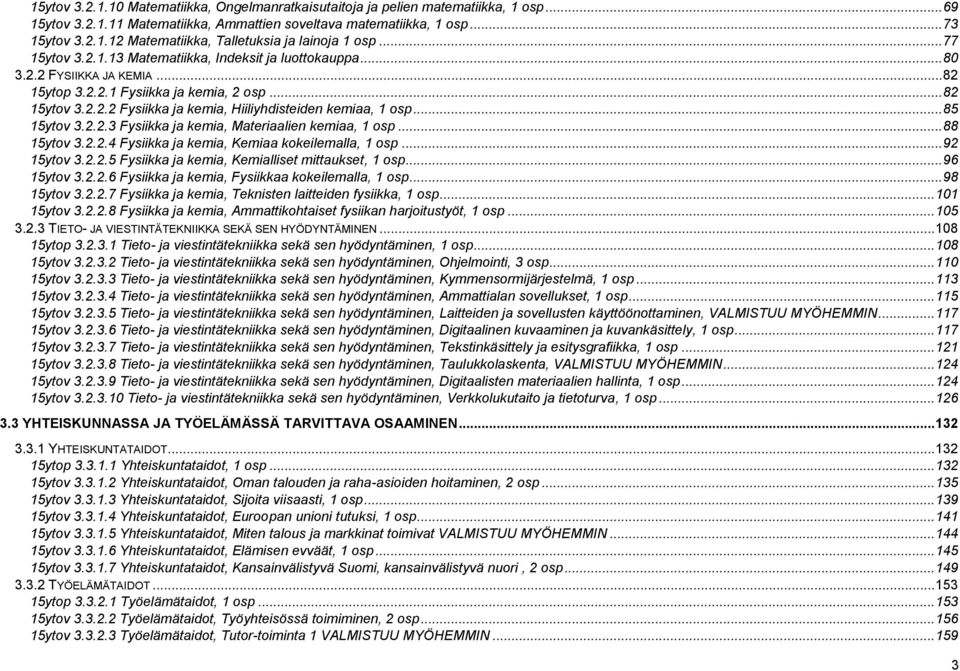 .. 85 15ytov 3.2.2.3 Fysiikka ja kemia, Materiaalien kemiaa, 1 osp... 88 15ytov 3.2.2.4 Fysiikka ja kemia, Kemiaa kokeilemalla, 1 osp... 92 15ytov 3.2.2.5 Fysiikka ja kemia, Kemialliset mittaukset, 1 osp.