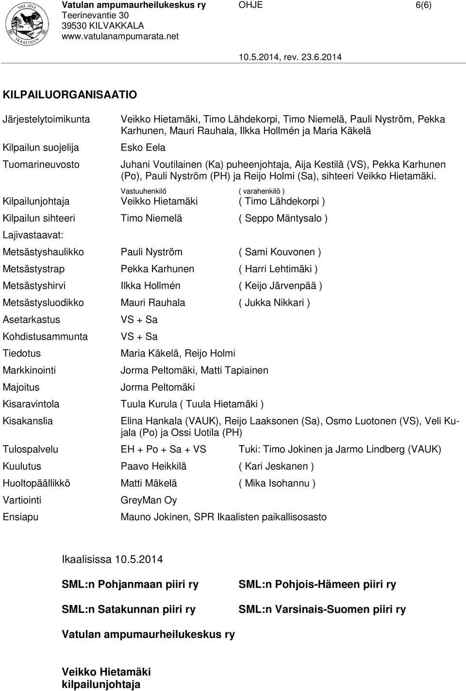 Vastuuhenkilö ( varahenkilö ) Kilpailunjohtaja Veikko Hietamäki ( Timo Lähdekorpi ) Kilpailun sihteeri Timo Niemelä ( Seppo Mäntysalo ) Lajivastaavat: Metsästyshaulikko Pauli Nyström ( Sami Kouvonen