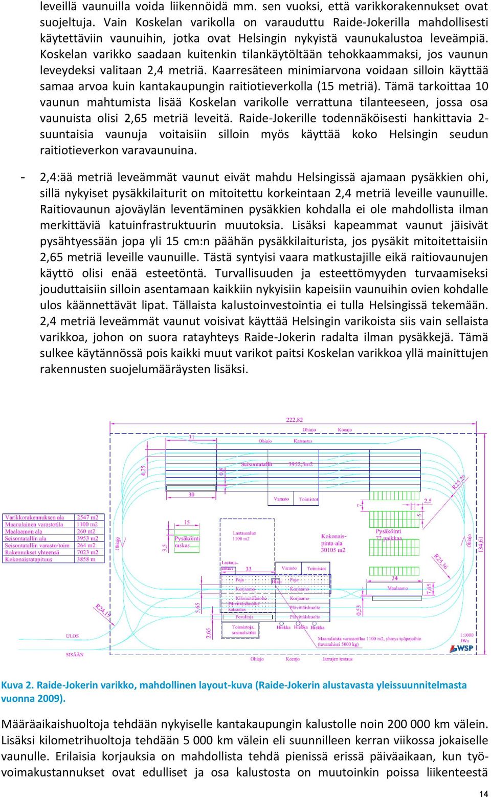 Koskelan varikko saadaan kuitenkin tilankäytöltään tehokkaammaksi, jos vaunun leveydeksi valitaan 2,4 metriä.