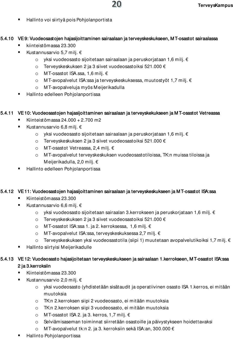 o MT-avopalvelut ISA:ssa ja terveyskeskuksessa, muutostyöt 1,7 milj. o MT-avopalveluja myös Meijerikadulla Hallinto edelleen Pohjolanportissa 5.4.