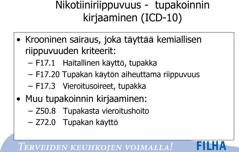 1 Haitallinen käyttö, tupakka F17.20 Tupakan käytön aiheuttama riippuvuus F17.