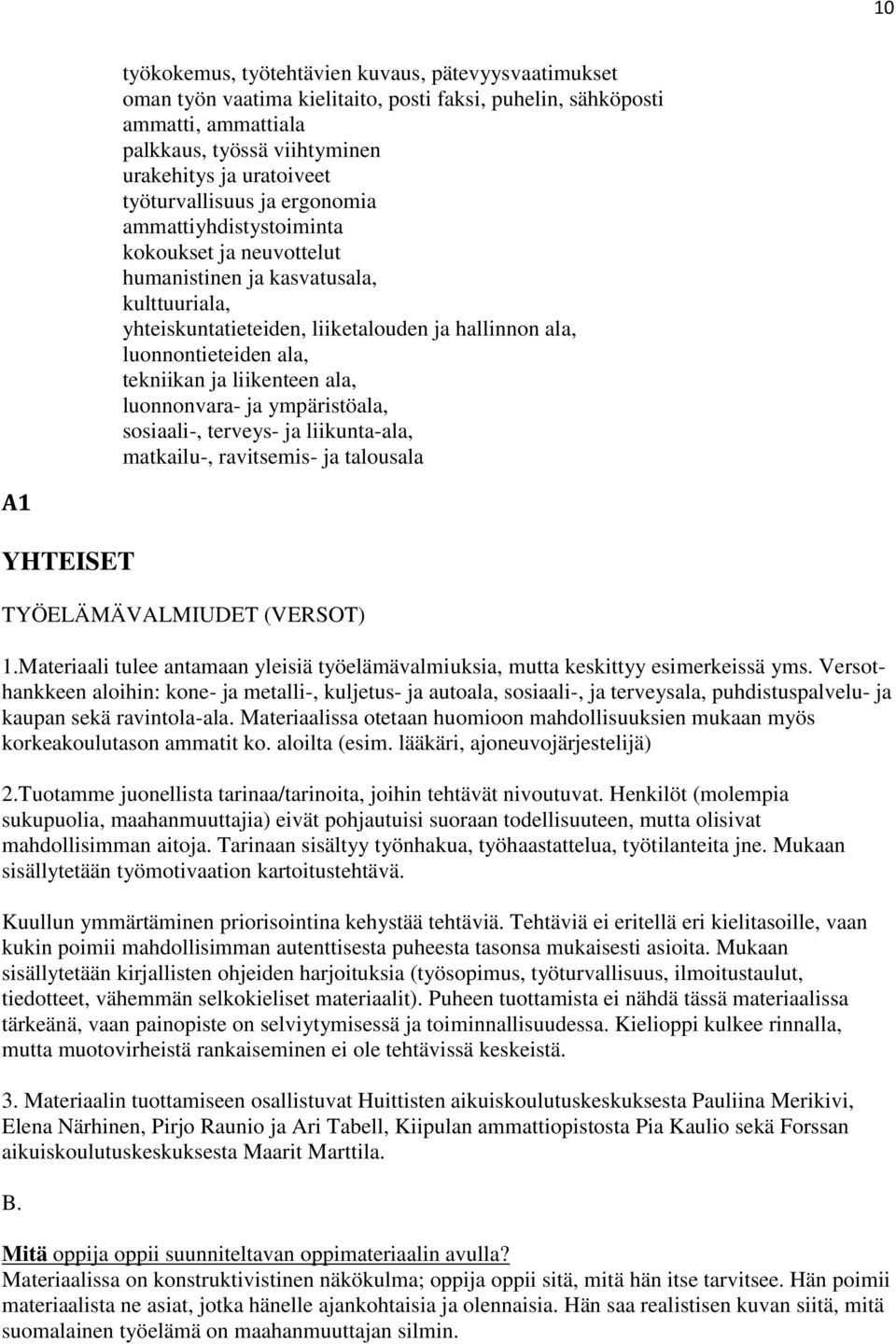 tekniikan ja liikenteen ala, luonnonvara- ja ympäristöala, sosiaali-, terveys- ja liikunta-ala, matkailu-, ravitsemis- ja talousala A1 YHTEISET TYÖELÄMÄVALMIUDET (VERSOT) 1.