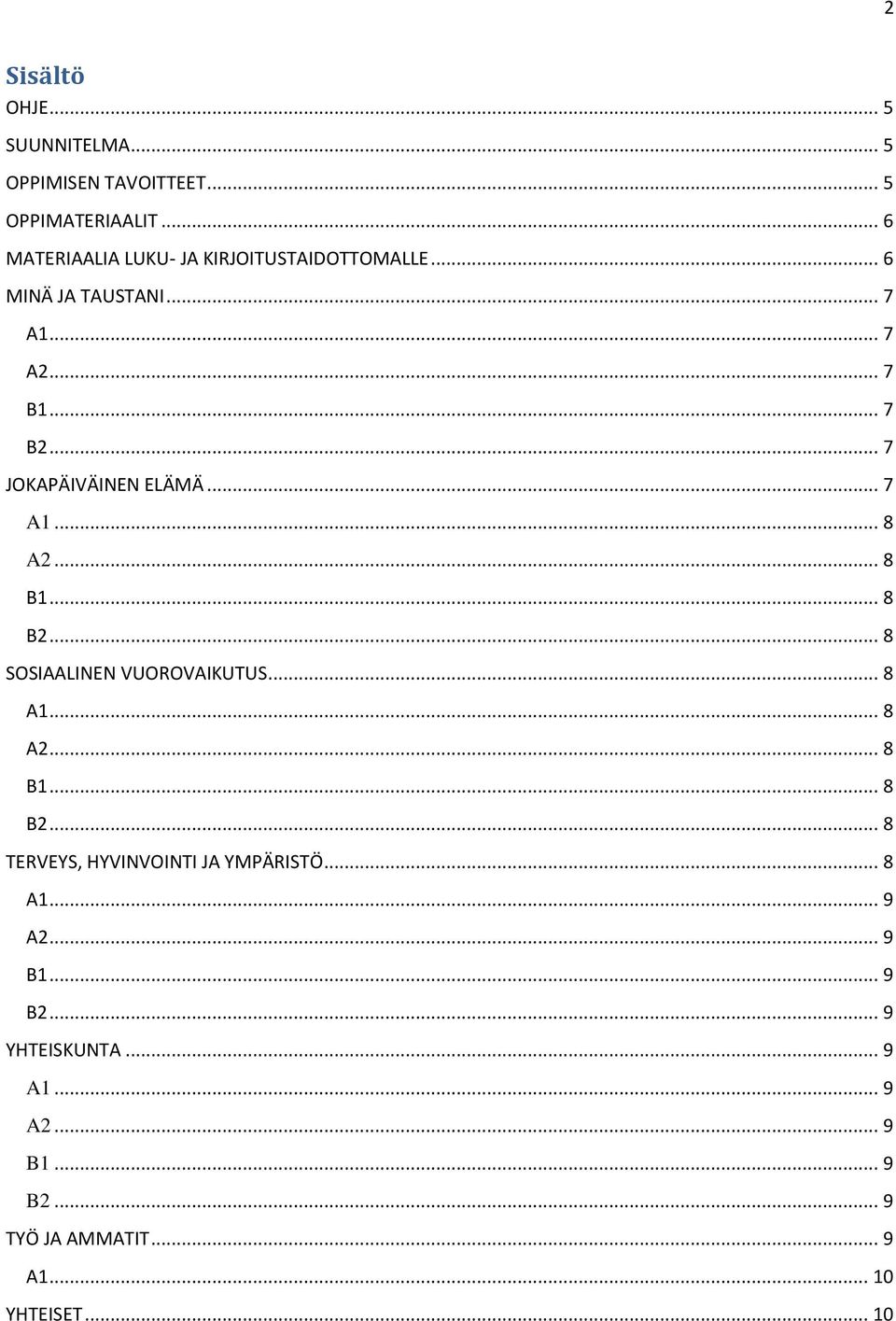 .. 7 JOKAPÄIVÄINEN ELÄMÄ... 7 A1... 8 A2... 8 B1... 8 B2... 8 SOSIAALINEN VUOROVAIKUTUS... 8 A1... 8 A2... 8 B1... 8 B2... 8 TERVEYS, HYVINVOINTI JA YMPÄRISTÖ.