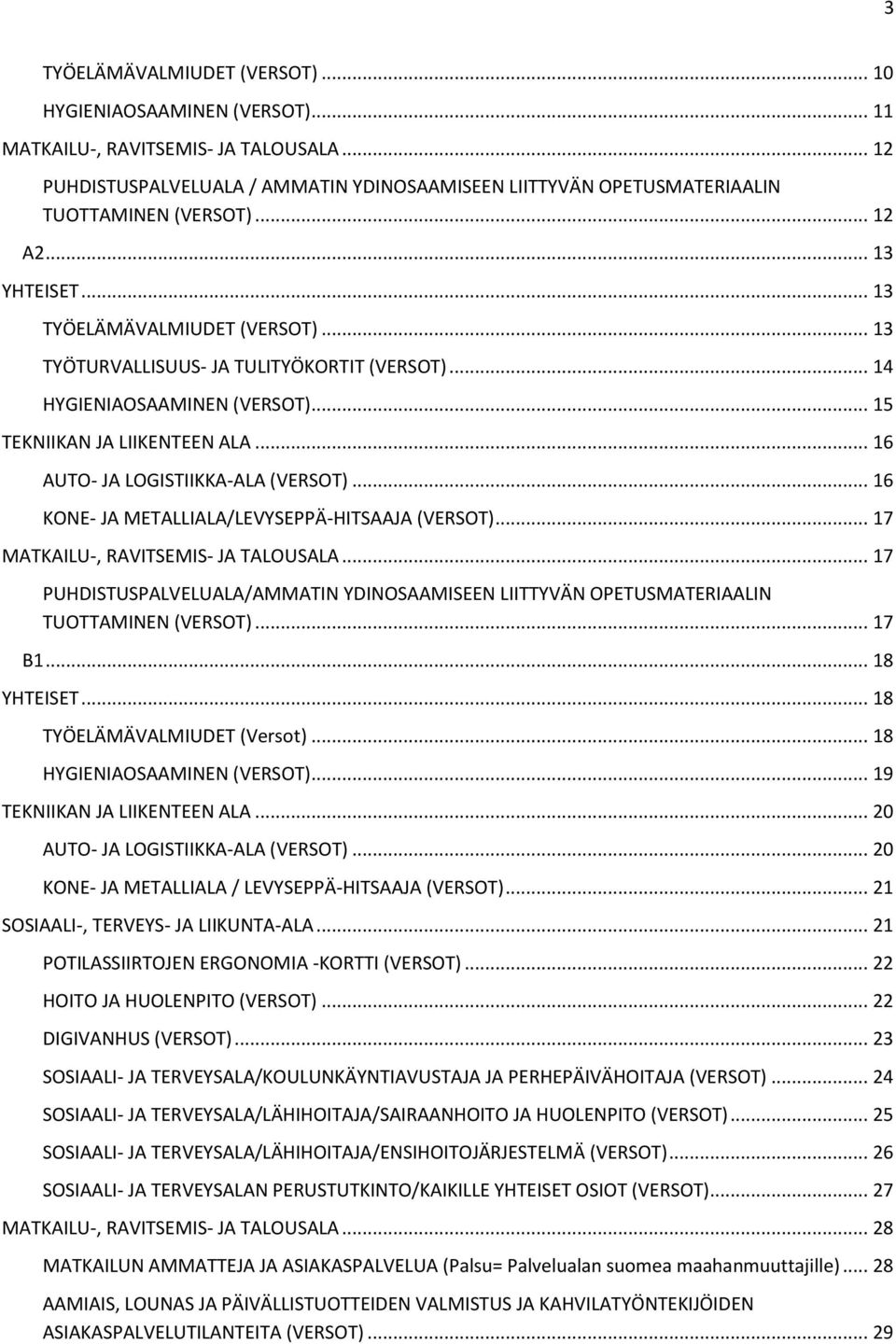 .. 13 TYÖTURVALLISUUS- JA TULITYÖKORTIT (VERSOT)... 14 HYGIENIAOSAAMINEN (VERSOT)... 15 TEKNIIKAN JA LIIKENTEEN ALA... 16 AUTO- JA LOGISTIIKKA-ALA (VERSOT).