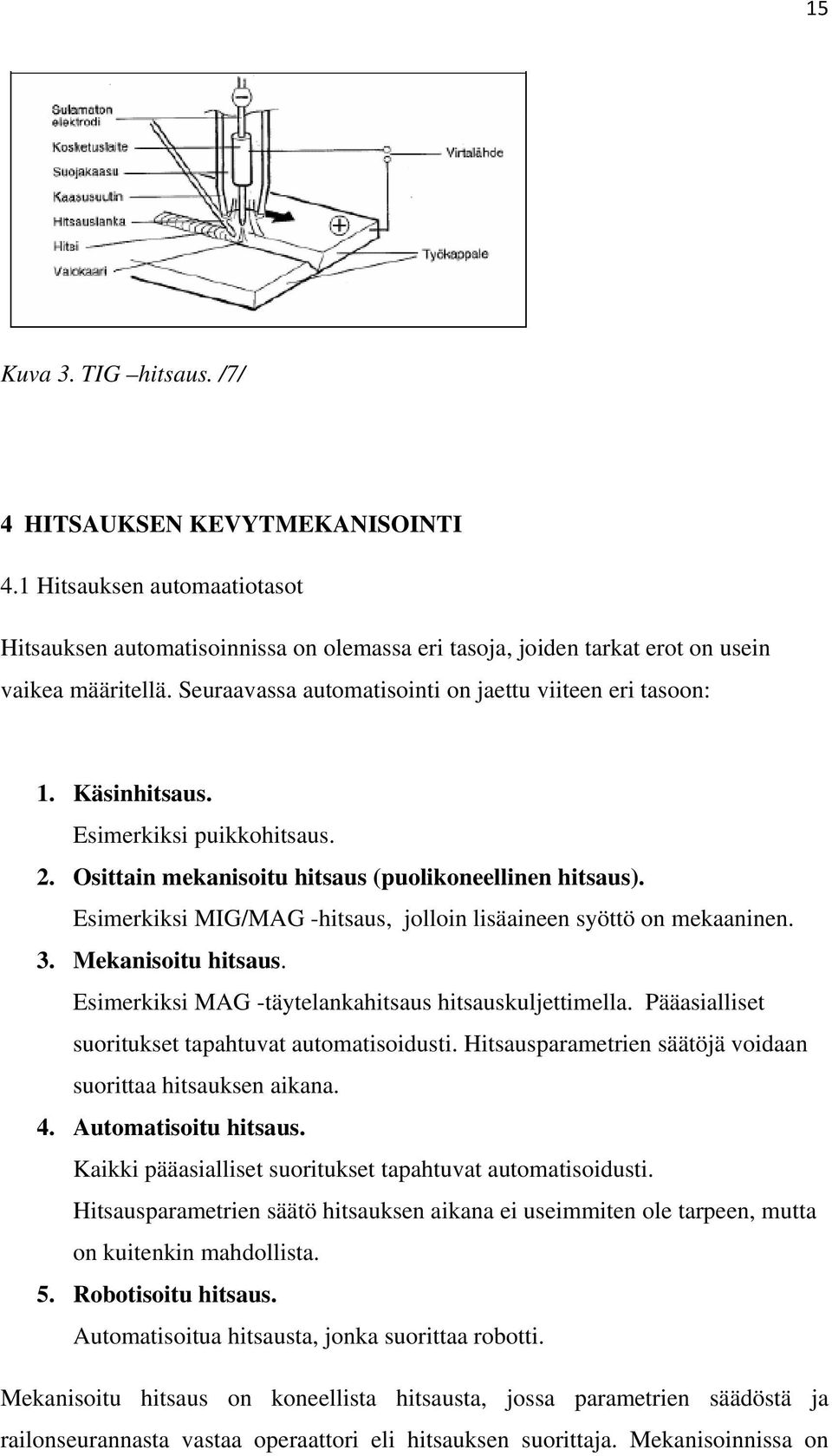 Esimerkiksi MIG/MAG -hitsaus, jolloin lisäaineen syöttö on mekaaninen. 3. Mekanisoitu hitsaus. Esimerkiksi MAG -täytelankahitsaus hitsauskuljettimella.