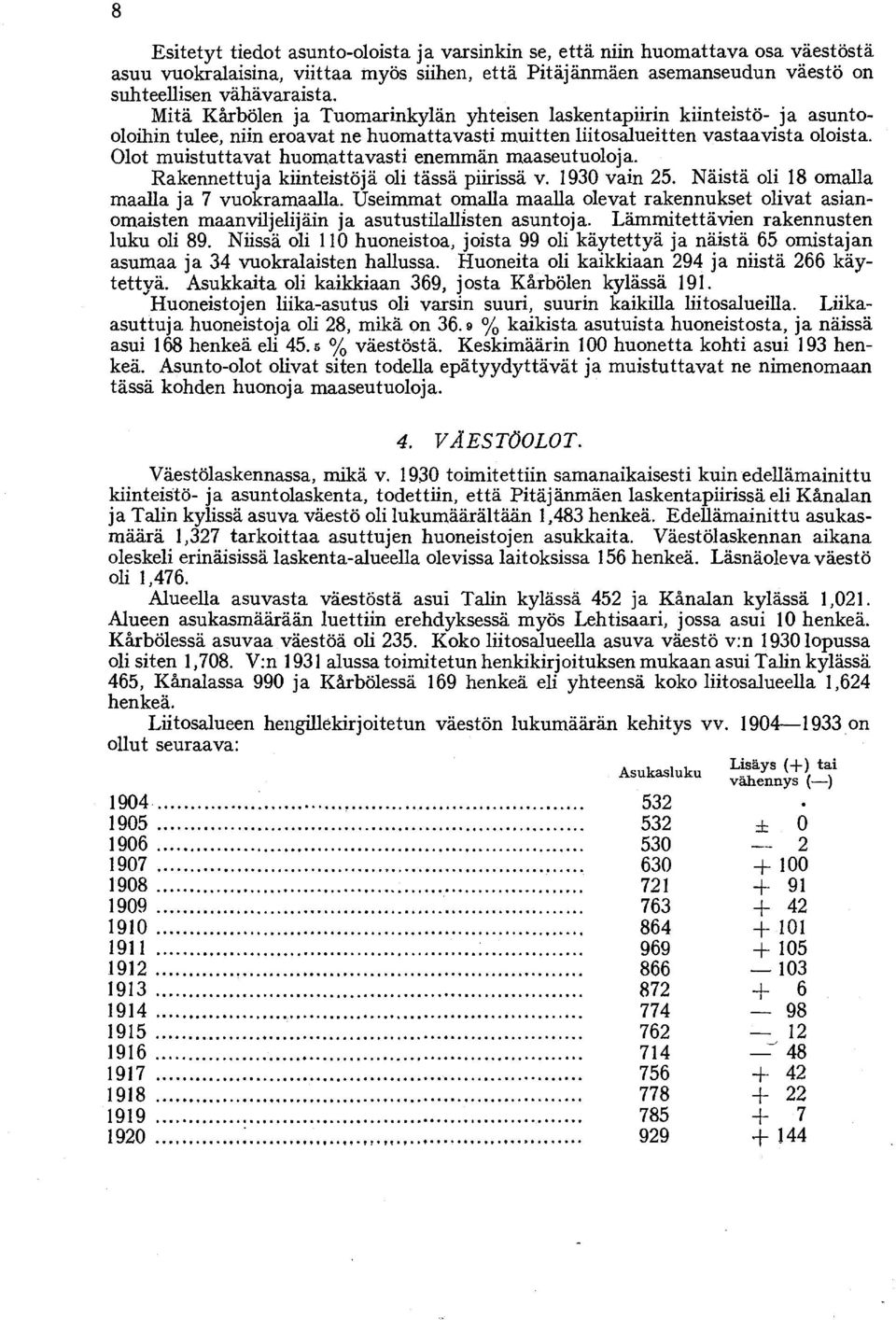 Olot muistuttavat huomattavasti enemmän maaseutuoloja. Rakennettuja kiinteistöjä oli tässä piirissä v. 1930 vain 25. Näistä oli 18 omalla maalla ja 7 vuokramaalla.