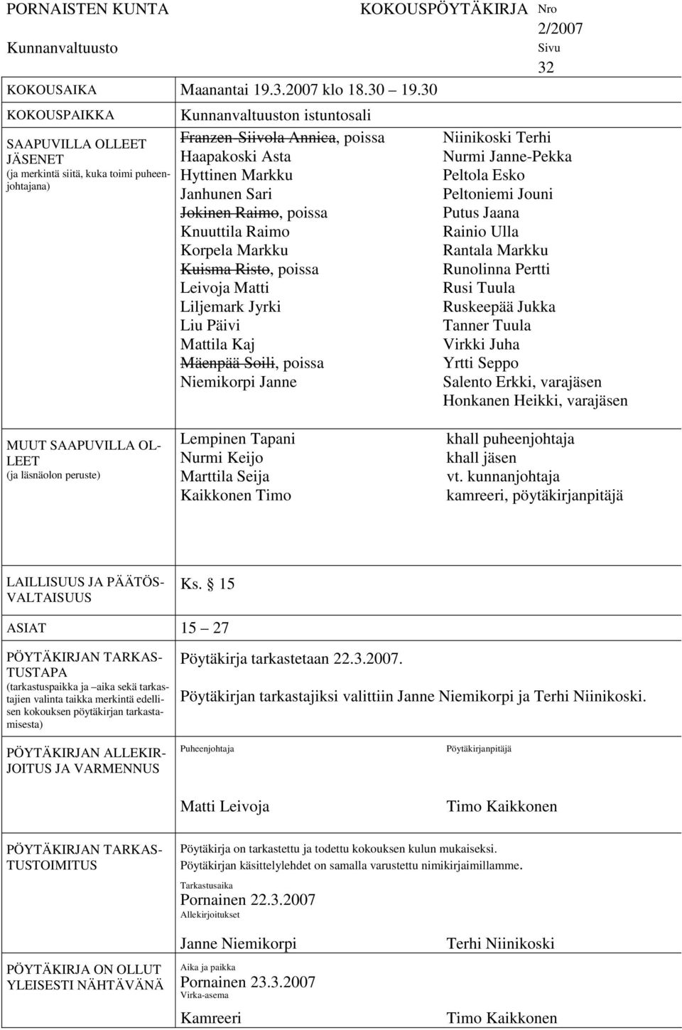 Jokinen Raimo, poissa Knuuttila Raimo Korpela Markku Kuisma Risto, poissa Leivoja Matti Liljemark Jyrki Liu Päivi Mattila Kaj Mäenpää Soili, poissa Niemikorpi Janne KOKOUSPÖYTÄKIRJA Nro 2/2007 Sivu