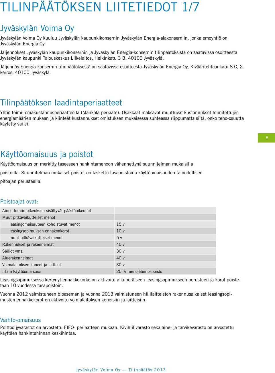 Jäljennös Energia-konsernin tilinpäätöksestä on saatavissa osoitteesta Jyväskylän Energia Oy, Kivääritehtaankatu 8 C, 2. kerros, 40100 Jyväskylä.