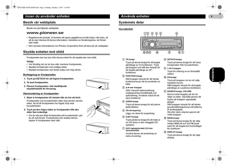 Den senaste informationen om Pioneer Corporation finns att läsa på vår webbplats. Skydda enheten mot stöld Frontpanelen kan tas loss från denna enhet för att skydda den mot stöld.