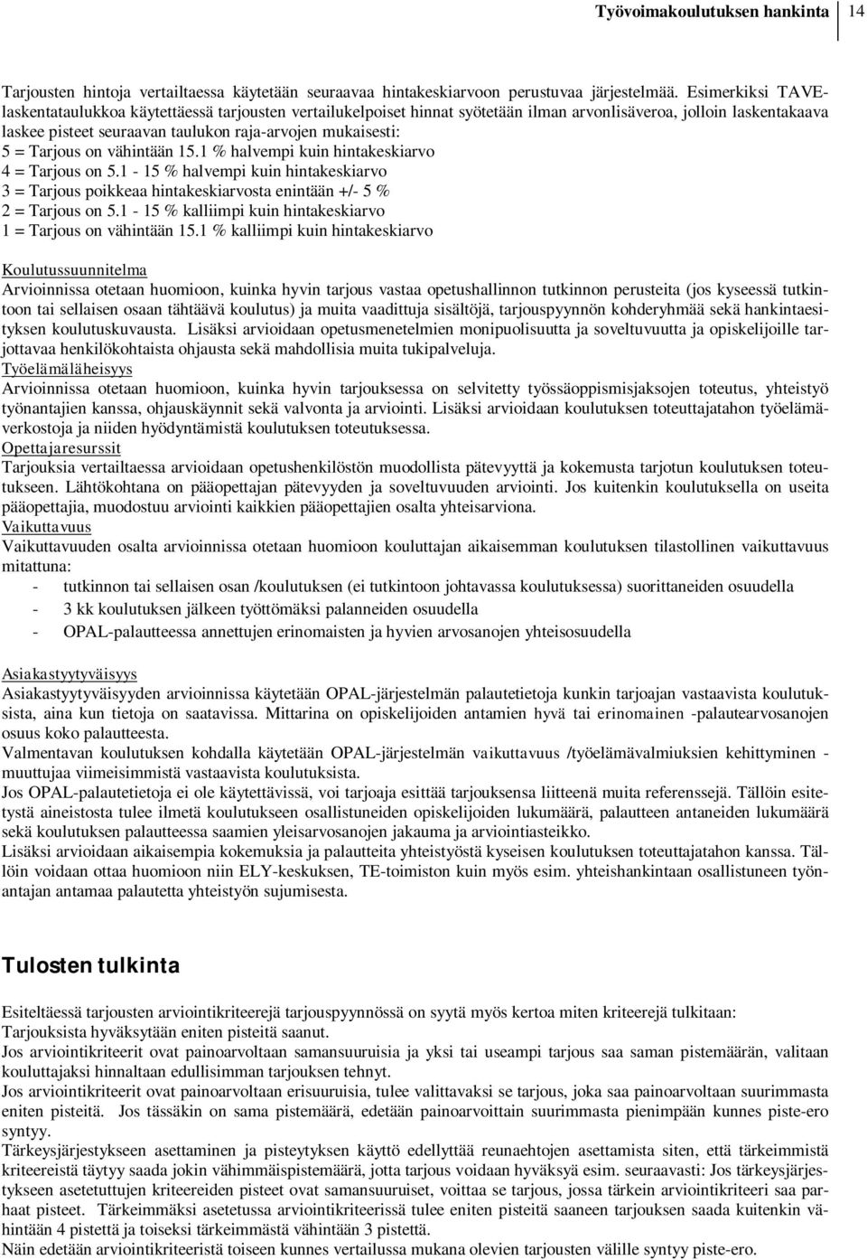 Tarjous on vähintään 15.1 % halvempi kuin hintakeskiarvo 4 = Tarjous on 5.1-15 % halvempi kuin hintakeskiarvo 3 = Tarjous poikkeaa hintakeskiarvosta enintään +/- 5 % 2 = Tarjous on 5.