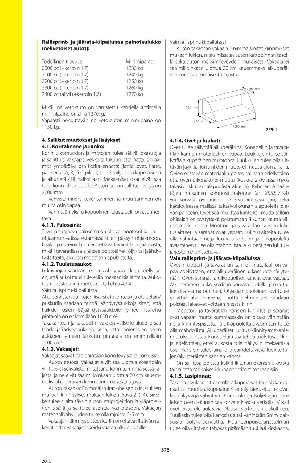 Vapaasti hengittävän neliveto-auton minimipaino on 1130 kg. 4. Sallitut muutokset ja lisäykset 4.1. Korirakenne ja runko: Korin ulkomuodon ja mittojen tulee säilyä lokasuojia ja sallittuja vakaajasiivekkeitä lukuun ottamatta.