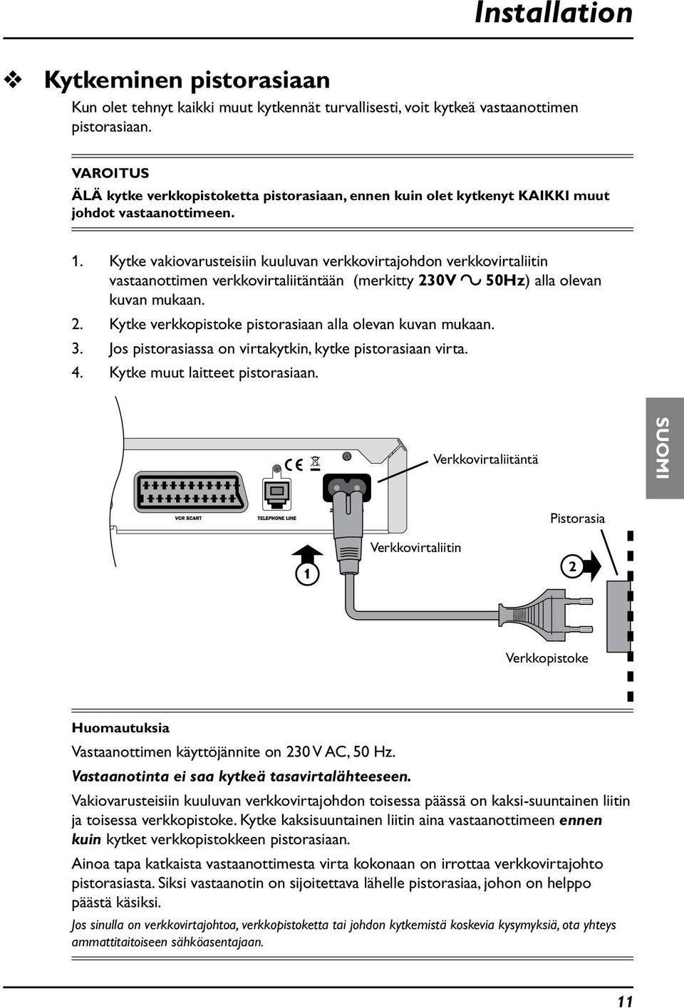 Kytke vakiovarsteisiin klvan verkkovirtajohdon verkkovirtaliitin vastaanottimen verkkovirtaliitäntään (merkitty 230V 50Hz) alla olevan kvan mkaan. 2. Kytke verkkopistoke pistorasiaan alla olevan kvan mkaan.