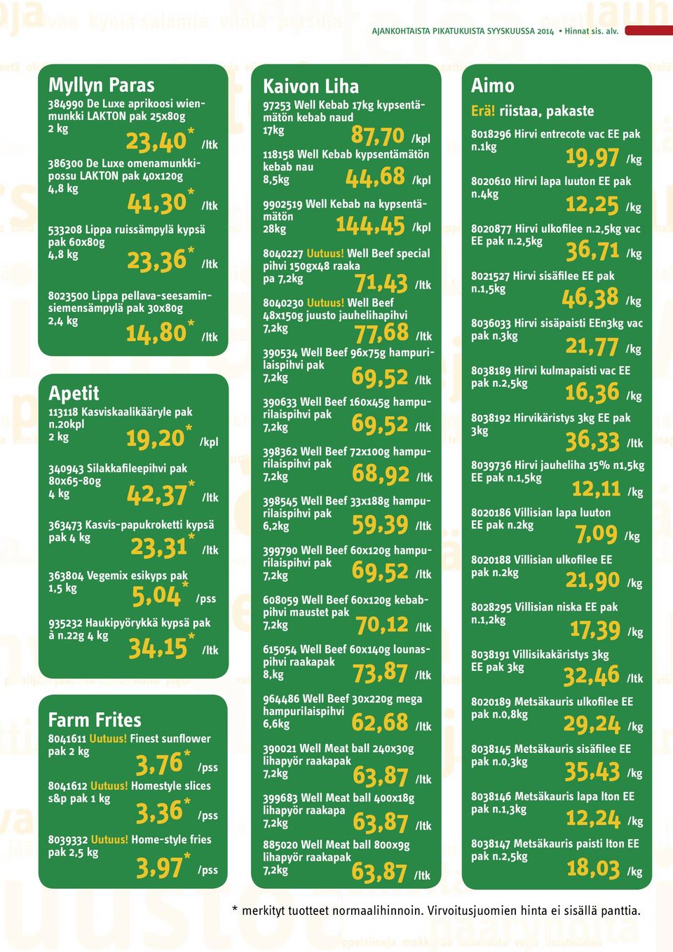 20kpl 2 kg 19,20 * /kpl 340943 Silakkafileepihvi 80x65-80g 4 kg 42,37 * /ltk 363473 Kasvis-papukroketti kypsä 4 kg 23,31 * /ltk 363804 Vegemix esikyps 1,5 kg 5,04 * /pss 935232 Haukipyörykkä kypsä à