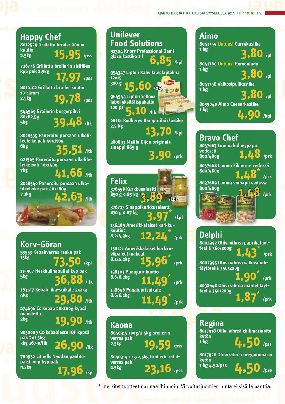 40x180g 42,63 /ltk Korv-Göran 53553 Kebabvarras raaka 1 73,50 /kpl 36,88 /ltk 29,80 /ltk 115907 Herkkulihapullat kyp 163147 Kebab liha-suikale 2x2kg 4kg 274696 Cc kebab 20x100g kypsä maustettu 2kg