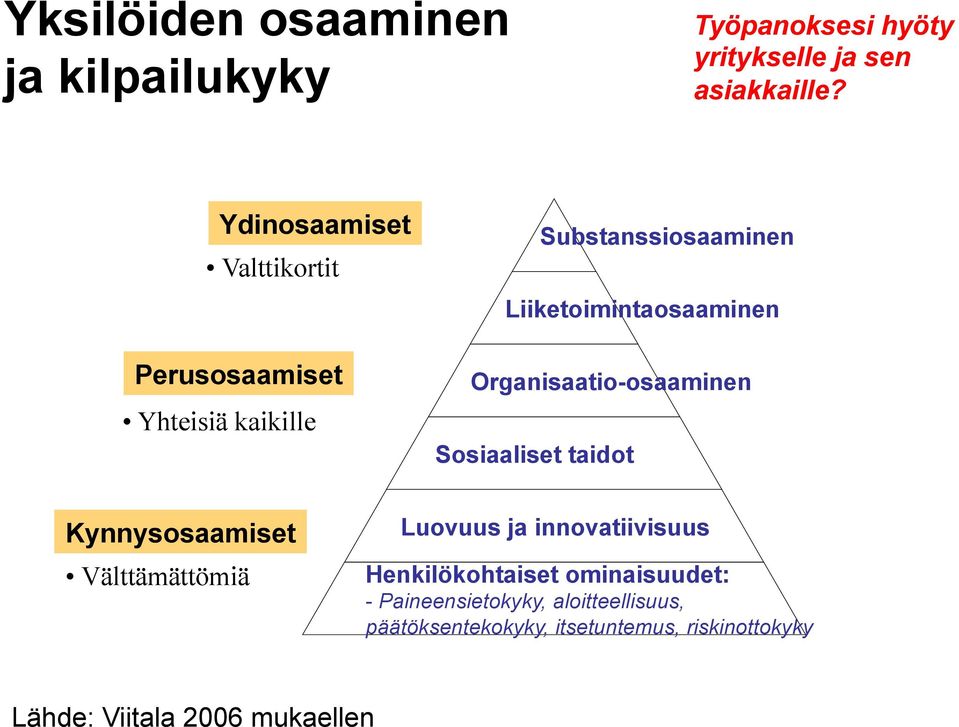 Organisaatio-osaaminen Sosiaaliset taidot Kynnysosaamiset Välttämättömiä Luovuus ja innovatiivisuus