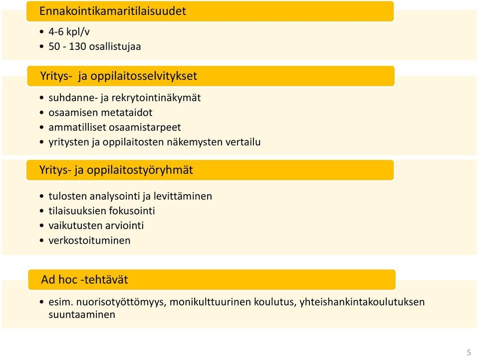 Yritys- ja oppilaitostyöryhmät tulosten analysointi ja levittäminen tilaisuuksien fokusointi vaikutusten arviointi