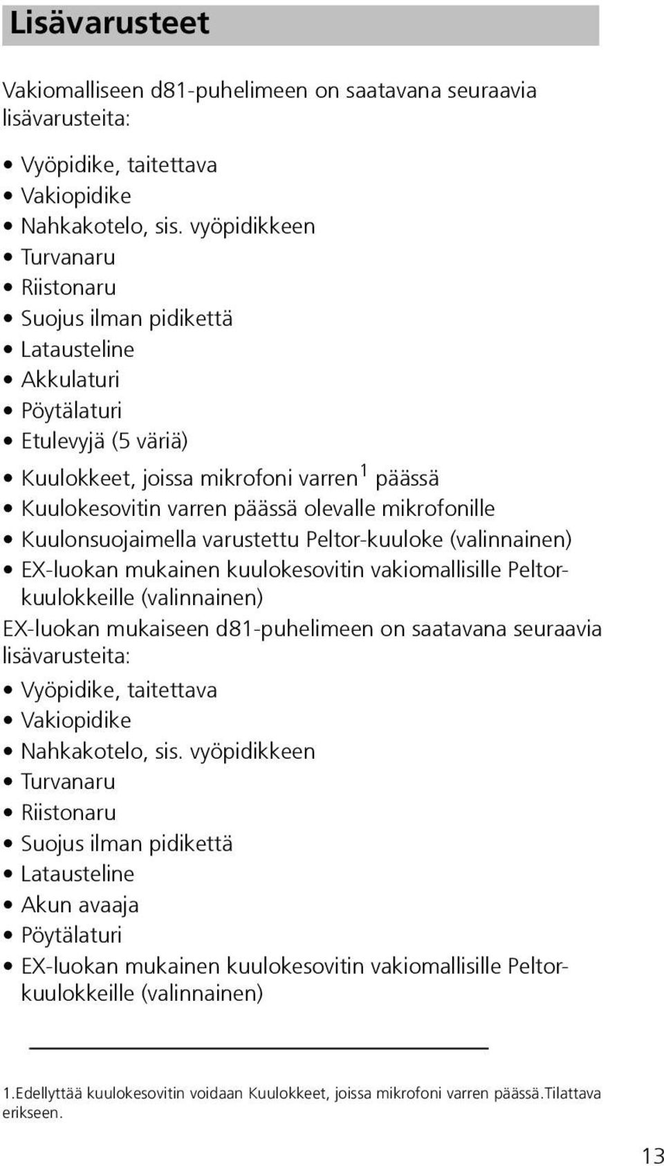 mikrofonille Kuulonsuojaimella varustettu Peltor-kuuloke (valinnainen) EX-luokan mukainen kuulokesovitin vakiomallisille Peltorkuulokkeille (valinnainen) EX-luokan mukaiseen d81-puhelimeen on