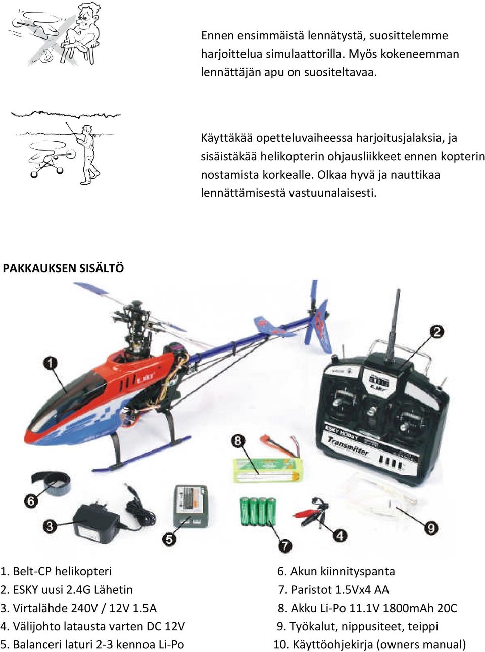 Olkaa hyvä ja nauttikaa lennättämisestä vastuunalaisesti. PAKKAUKSEN SISÄLTÖ 1. Belt-CP helikopteri 6. Akun kiinnityspanta 2. ESKY uusi 2.4G Lähetin 7.