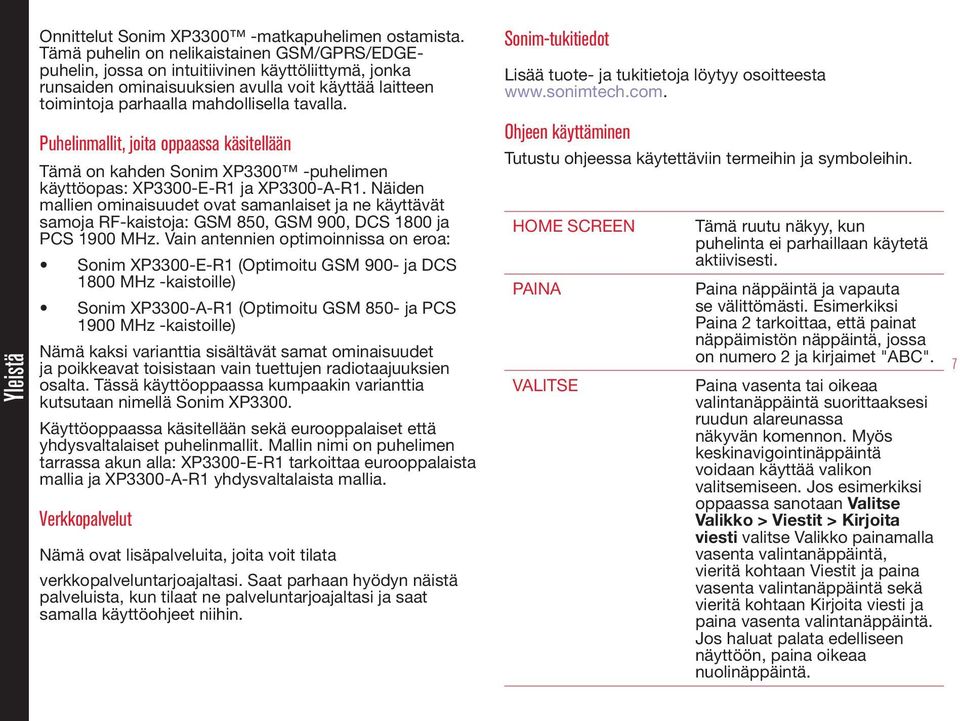 Puhelinmallit, joita oppaassa käsitellään Tämä on kahden Sonim XP3300 -puhelimen käyttöopas: XP3300-E-R1 ja XP3300-A-R1.