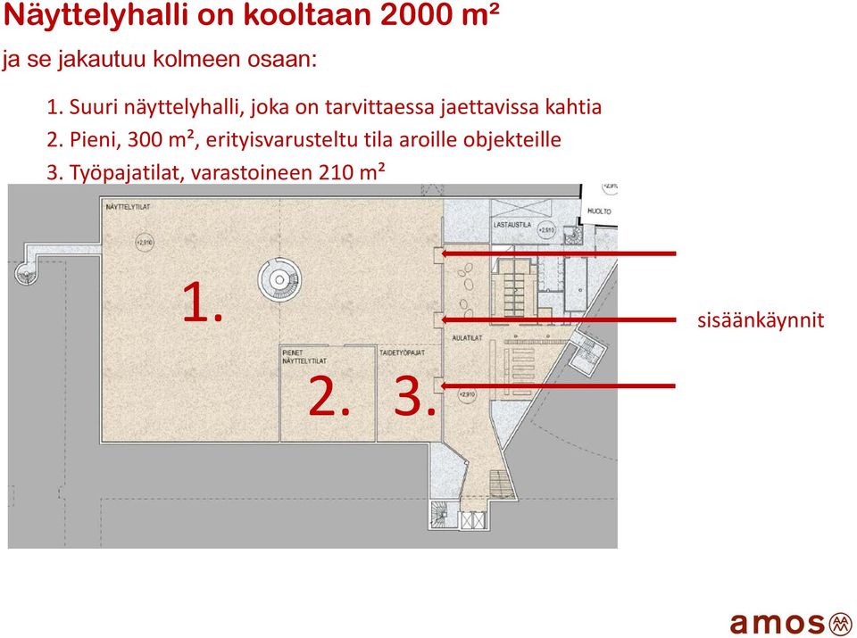 Suuri näyttelyhalli, joka on tarvittaessa jaettavissa kahtia